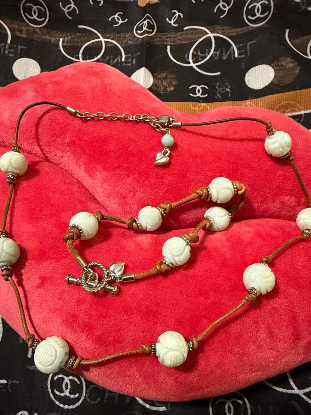 Vintage Signed Carolee  Light Green Bead Leather Necklace - and Bracelet Set